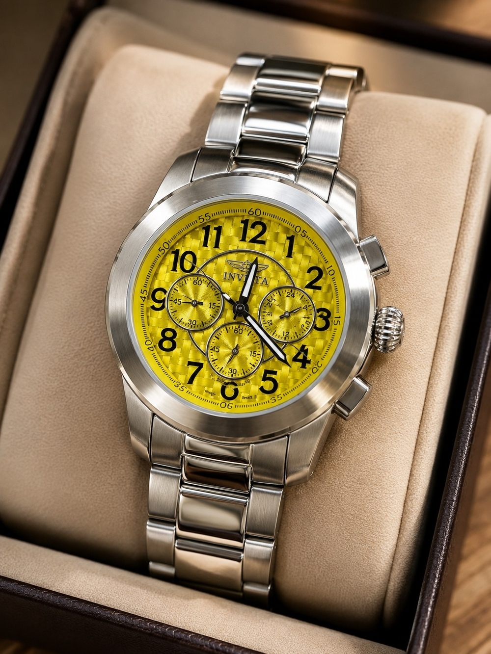 Invicta Stainless Steel Chronograph Watch with Yellow Dial